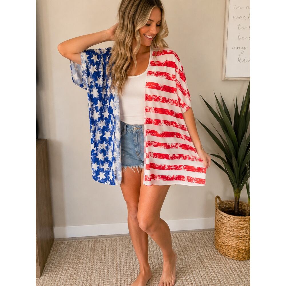 American Flag Patriotic Kimono cardigan Cover Up Medium - Picture 6 of 6